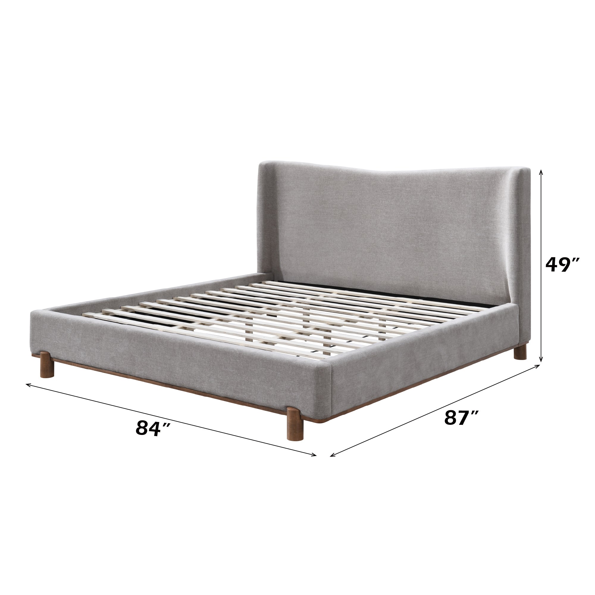 Eastern King Bed - Gray Chenille with dimensions 84x87 inches and 49-inch height. Sturdy slat support eliminates need for box spring.