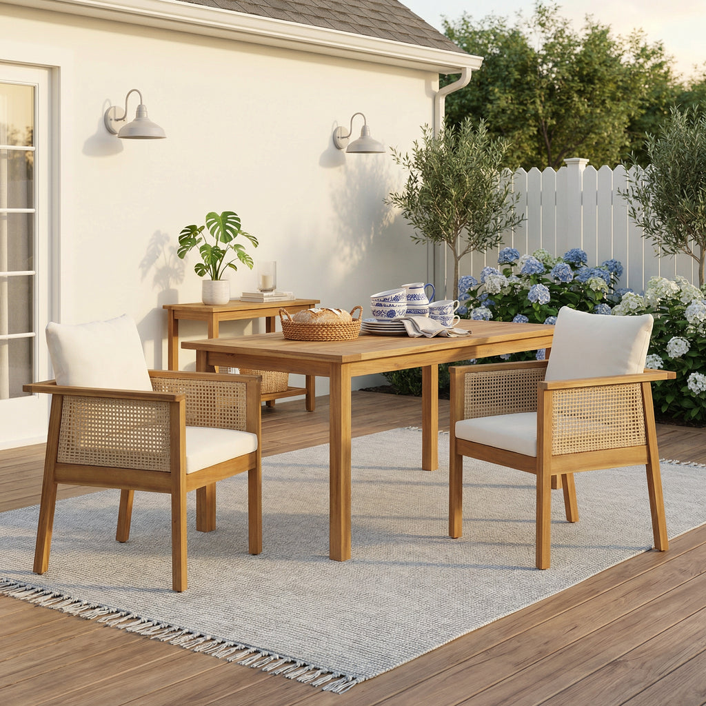 Teak Wood Outdoor Patio Dining Chairs with Cream Cushions - Set of 2
