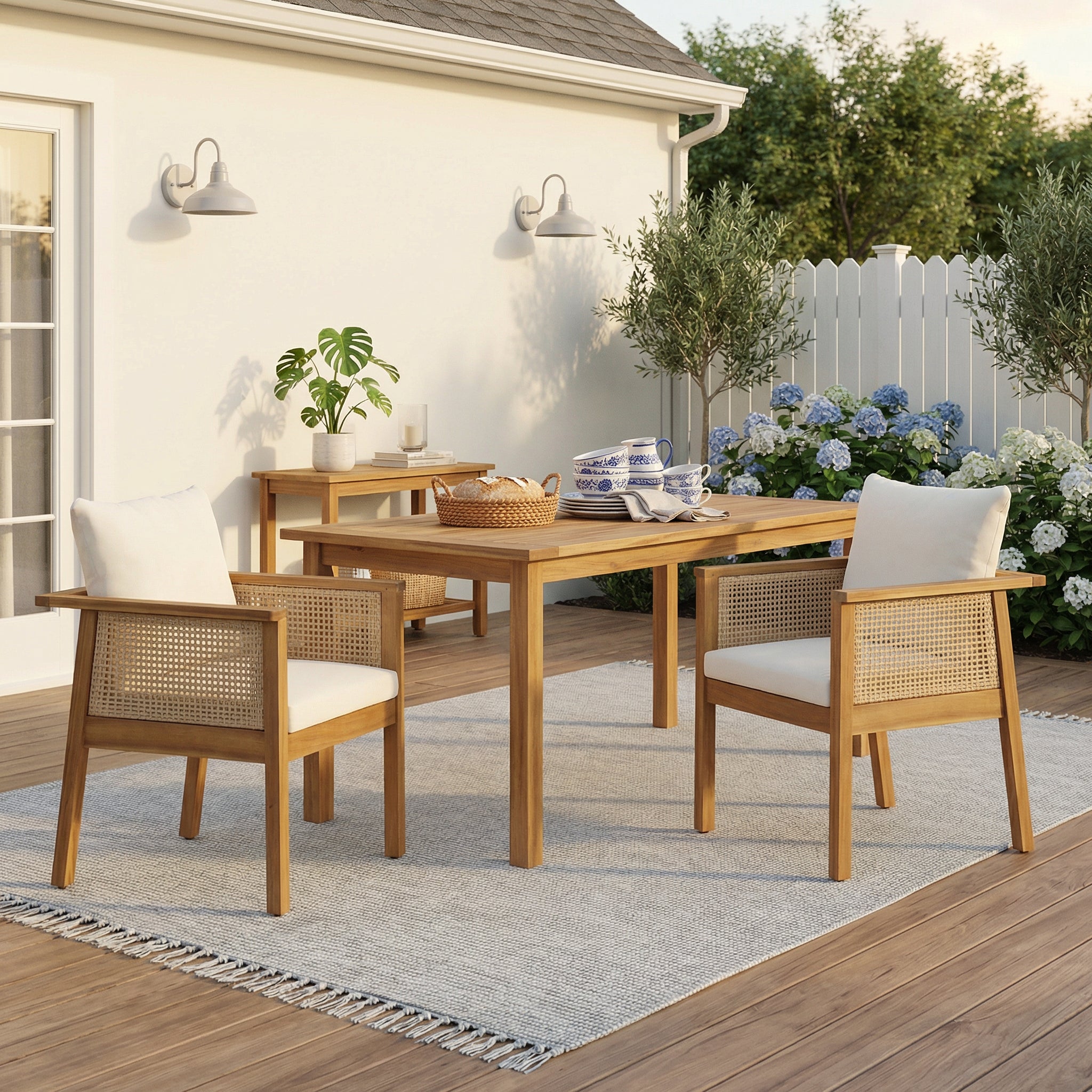 Teak Wood Outdoor Patio Dining Chairs with Cream Cushions - Set of 2