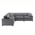 Charcoal modular 5-piece sectional sofa in ribbed polyester upholstery with square throw pillows and low wood legs.