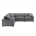 Charcoal modular 5-piece sectional sofa in ribbed polyester upholstery with square throw pillows and low wood legs.