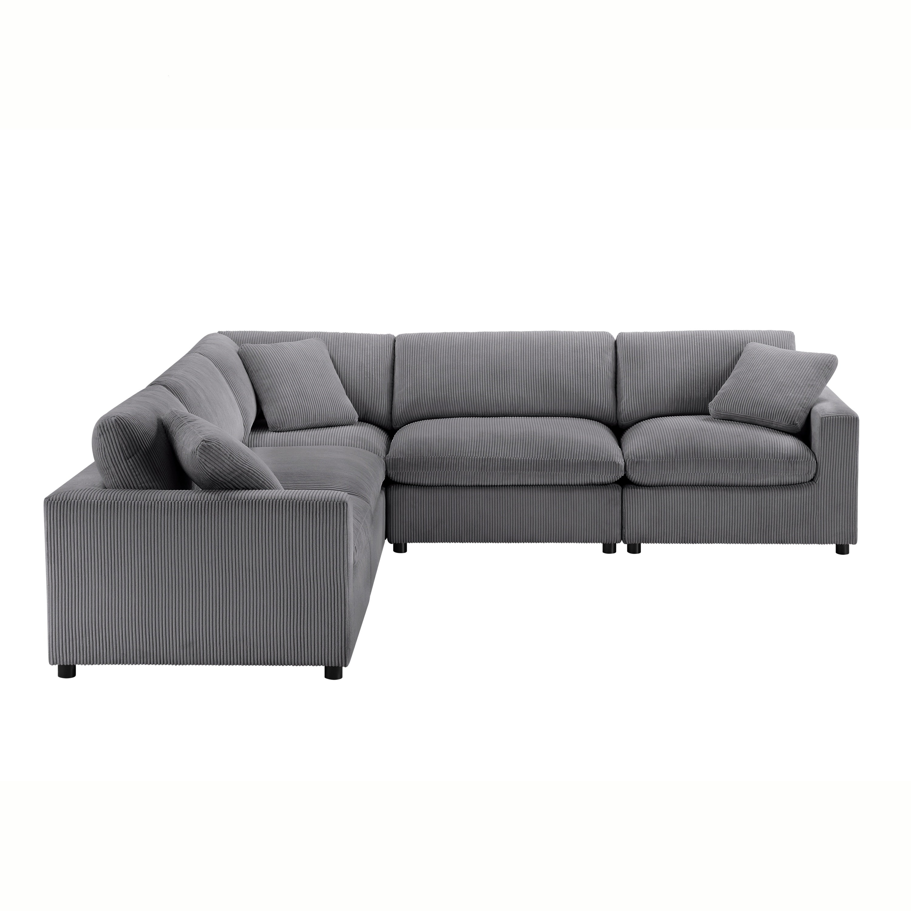 Charcoal modular 5-piece sectional sofa in ribbed polyester upholstery with square throw pillows and low wood legs.