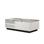 Modern White Faux Marble Coffee Table - 47'W with Storage shown from rear angle, emphasizing clean lines and open shelving design.
