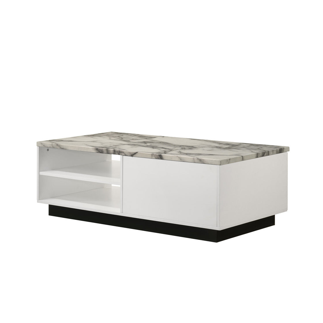 Modern White Faux Marble Coffee Table - 47'W with Storage shown from rear angle, emphasizing clean lines and open shelving design.