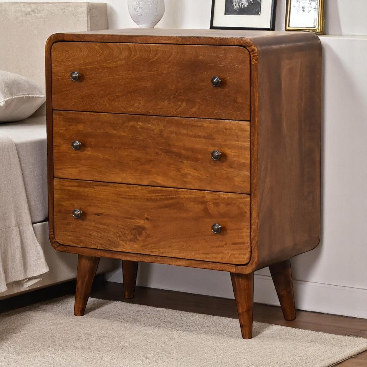 Solid Wood Mini Curved Chestnut Chest, 3-Drawer, Nordic Legs