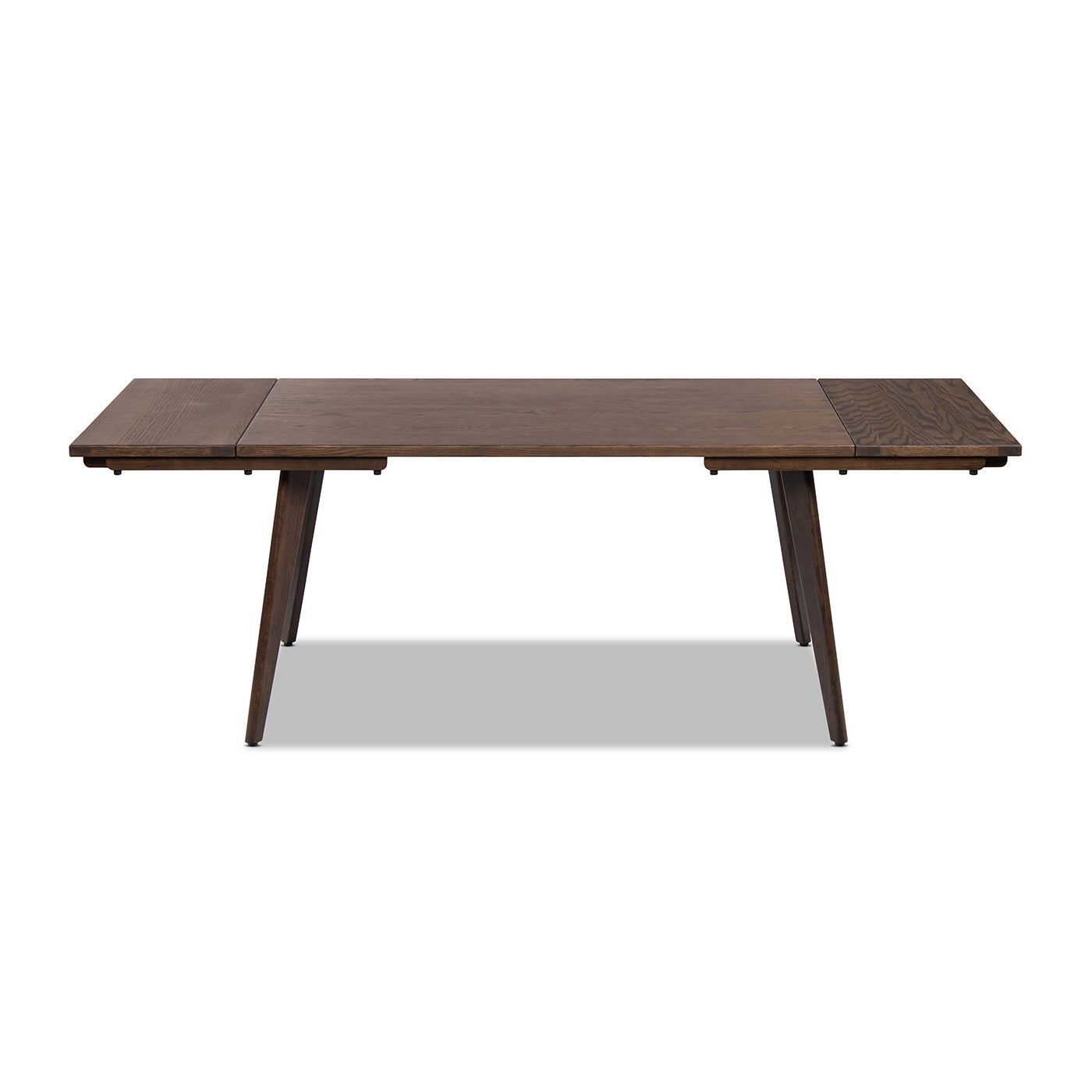 Front view of the Oak Extendable Dining Table with both leaves extended, ideal for seating 6-8 in a modern dining space.