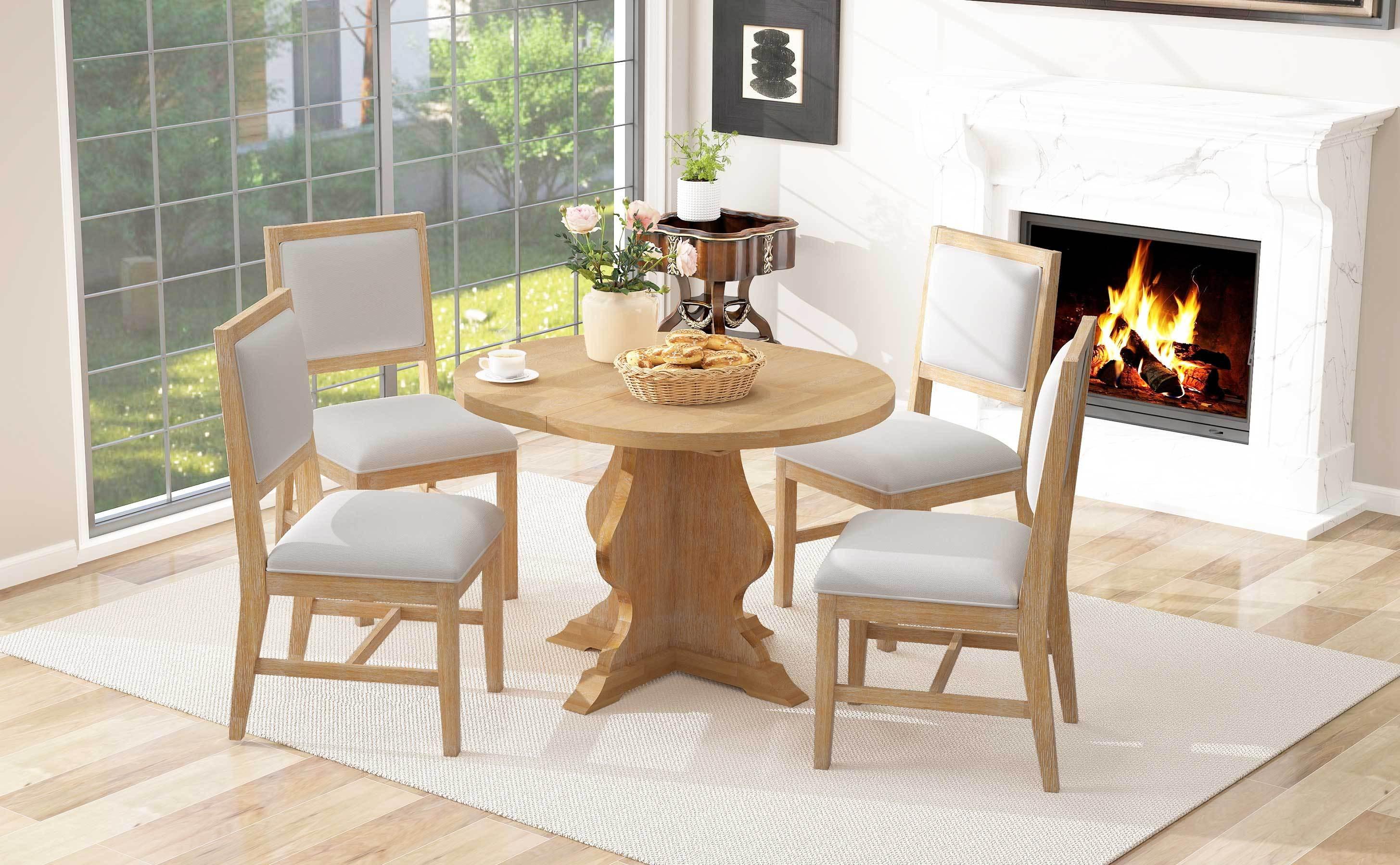 Rustic Farmhouse Dining Table Set with Upholstered Chairs.