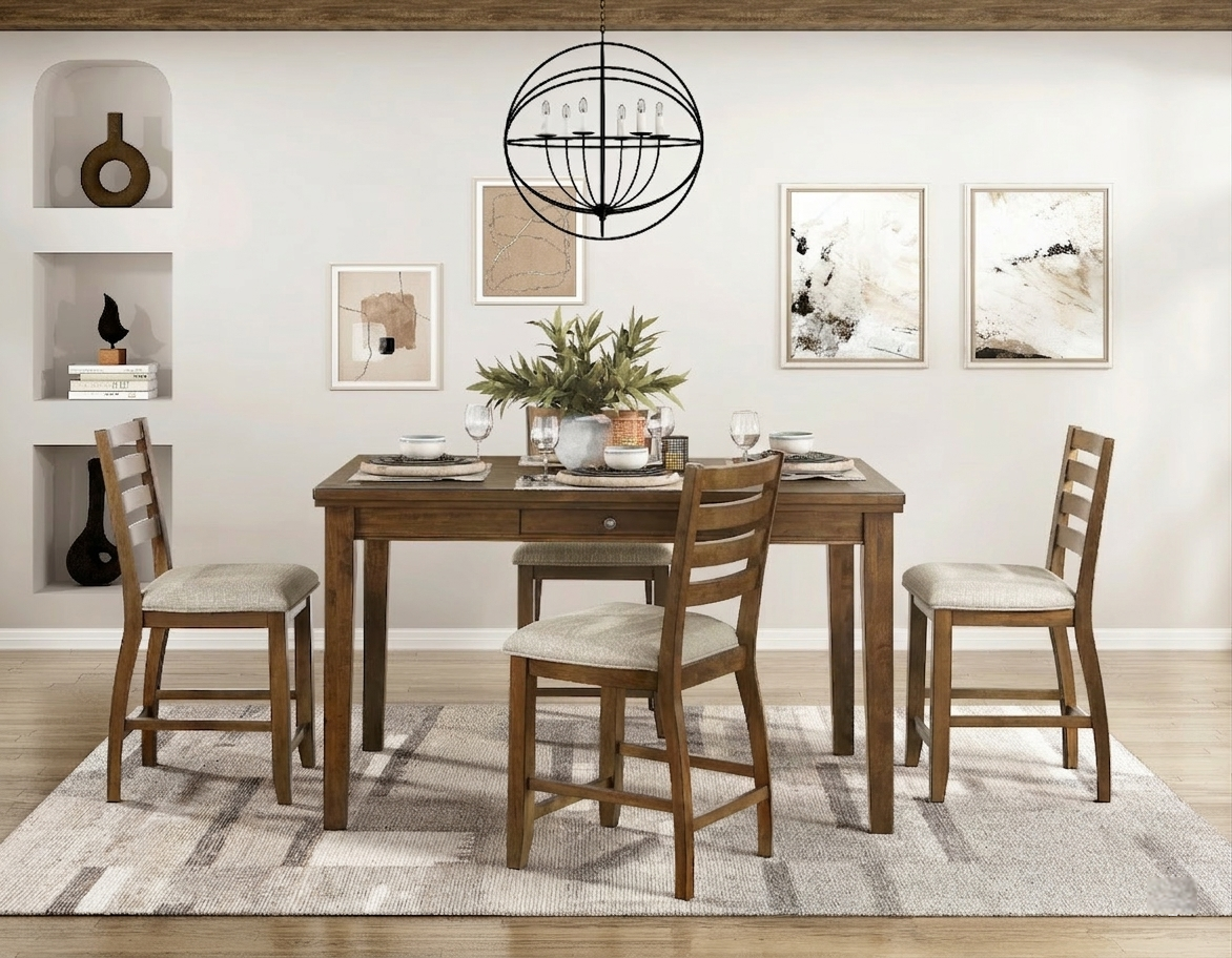 Five-piece cherry wood counter-height dining set with storage drawers and four upholstered ladder-back chairs.