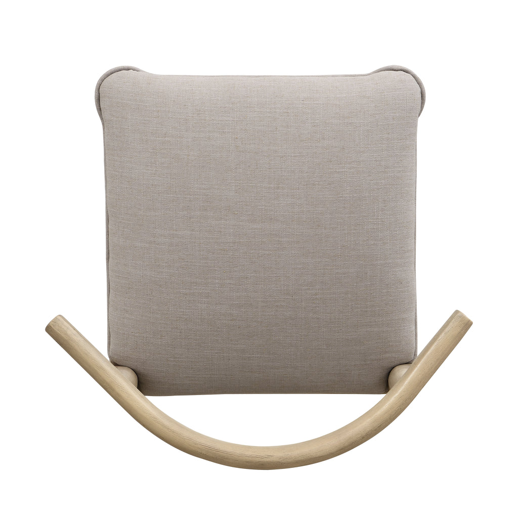 Top-down view of grey upholstered seat and curved wooden backrest of Stylish Pebble Fabric Bar Stool, highlighting seat design.
