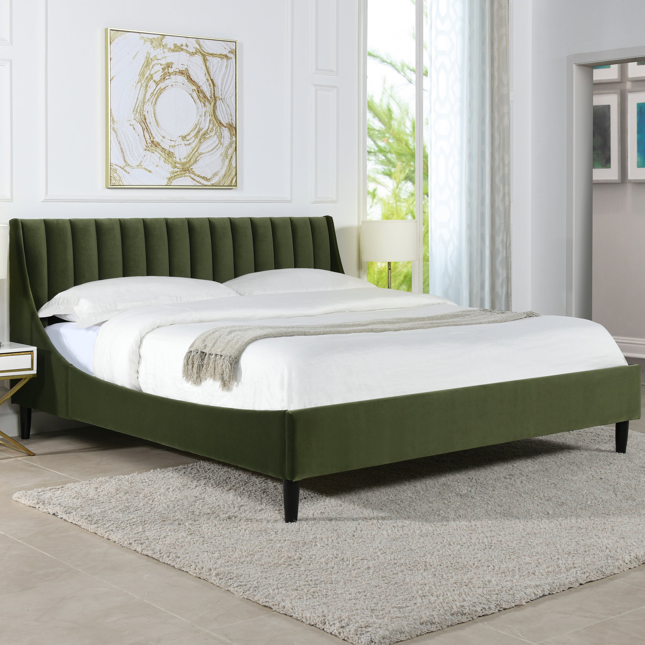 Aspen Olive Green Velvet King Bed Set with vertical tufted headboard and platform frame, styled in a modern bedroom interior.