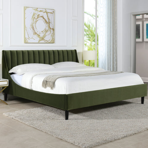 Aspen Olive Green Velvet King Bed Set with vertical tufted headboard and platform frame, styled in a modern bedroom interior.