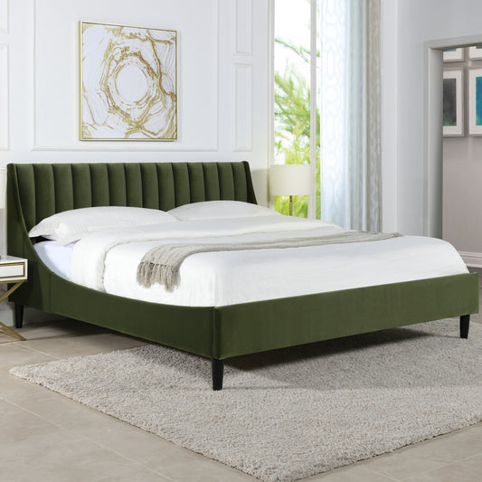 Aspen Olive Green Velvet King Bed Set with vertical tufted headboard and platform frame, styled in a modern bedroom interior.