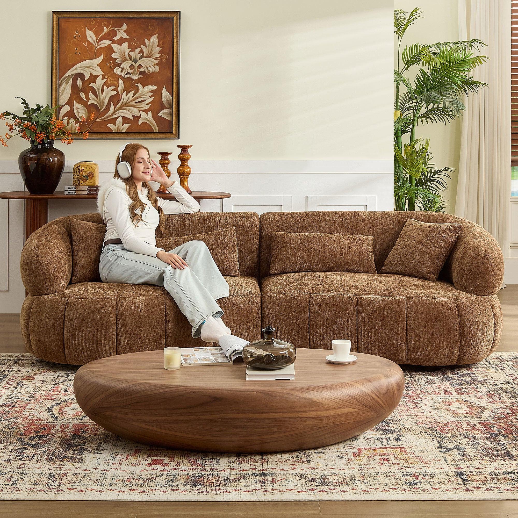 Curved Modern Sofa - 4-Seat Textured Fabric Couch.