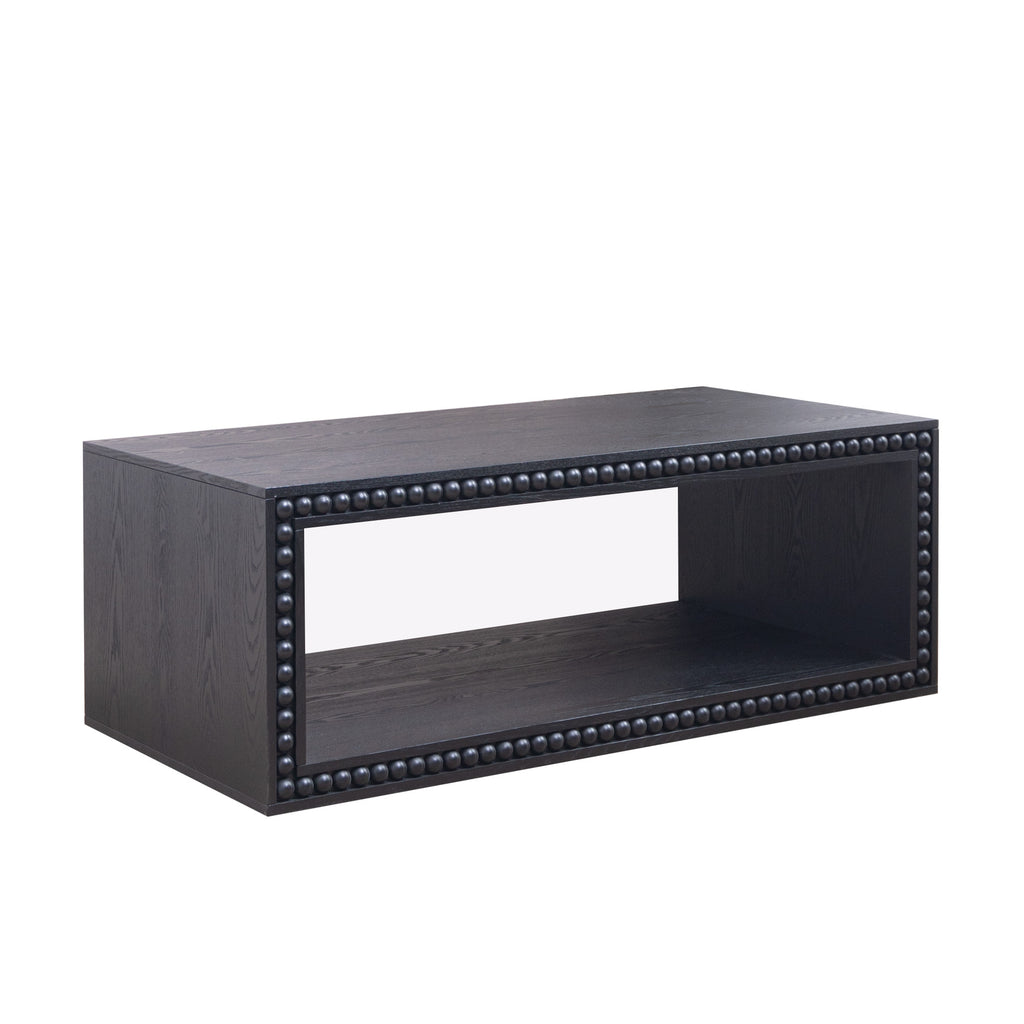 Black Beaded Coffee Table with Storage Shelf featuring a rectangular design and open shelf, ideal for modern farmhouse interiors.