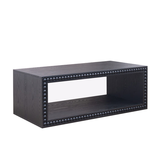 Black Beaded Edge Coffee Table – 47.6' Rectangular Center Table with Open Storage Shelf, Modern Farmhouse Style, Solid Black Finish
