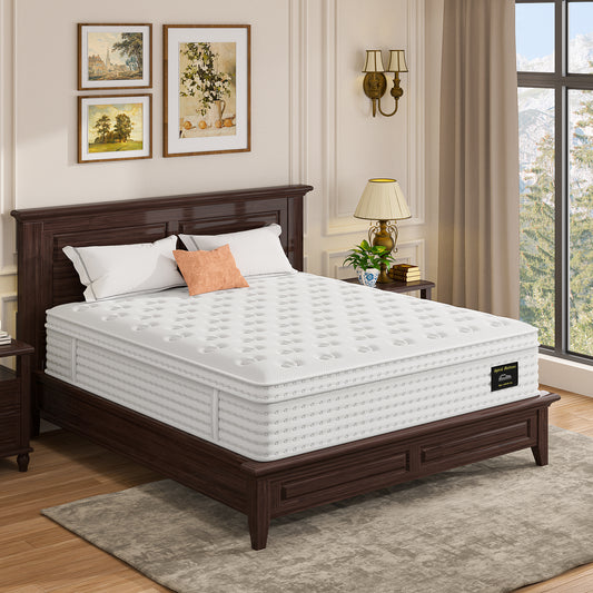 12'' hybrid queen mattress with memory foam and pocket springs on a wooden bed frame in a modern bedroom, ideal for pressure relief and ergonomic support.