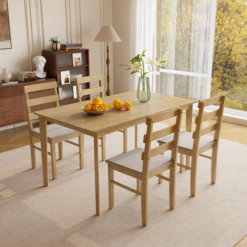Solid Wood Dining Table Set - 5 Piece Natural Wood Finish.