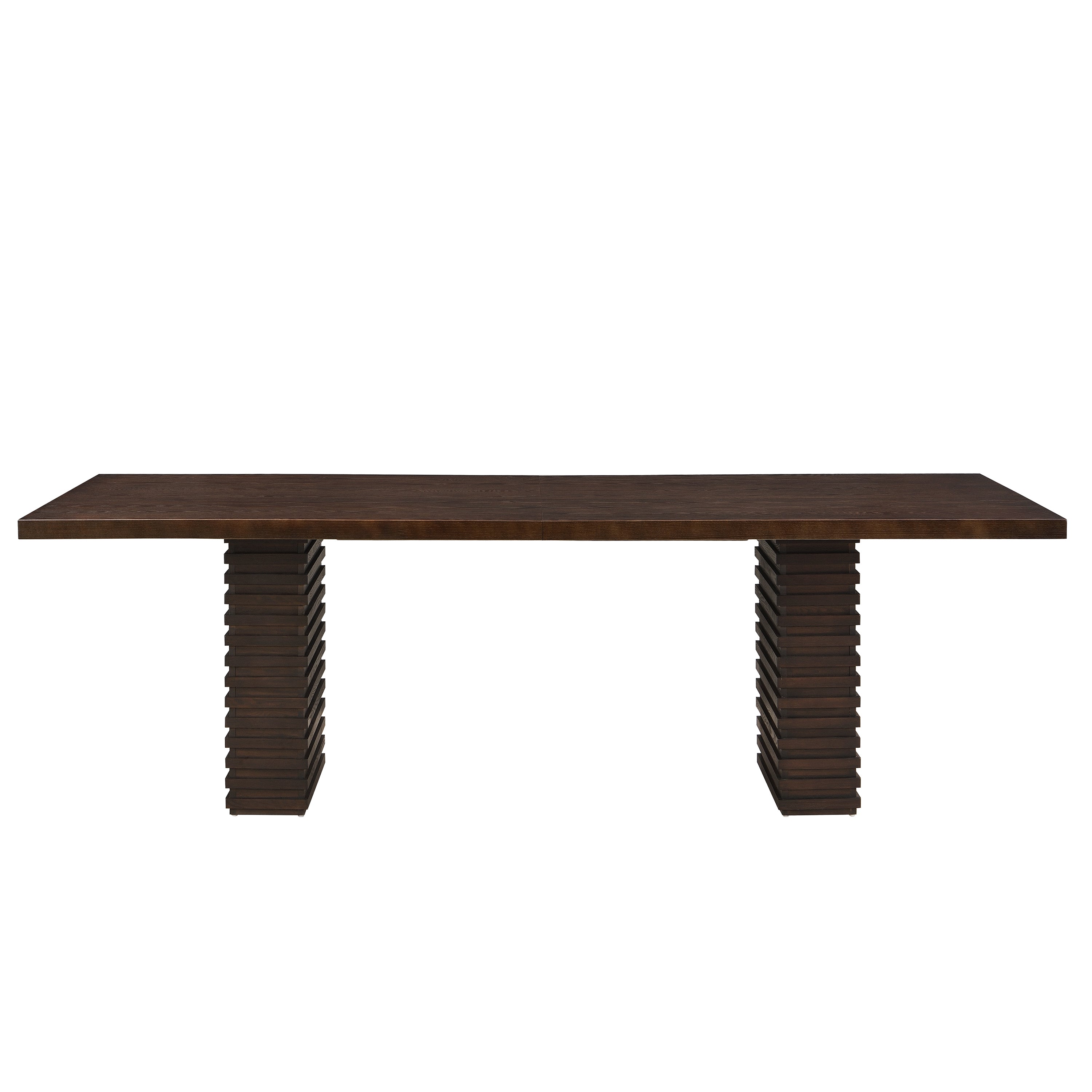 Front view of Espresso 95-Inch Dining Table for 8 featuring a sleek solid wood top and symmetrical ribbed pedestal legs for modern interiors.