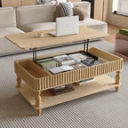 Lift top coffee table with hidden storage open, showcasing solid wood design and internal compartment for books and accessories.