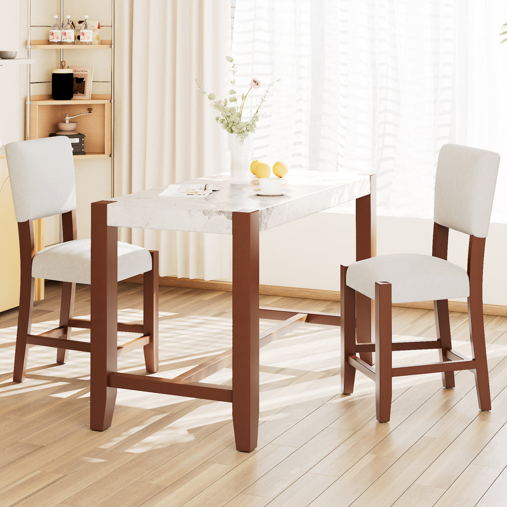 3-Piece Counter Height Dining Table Set for 2, Faux Marble Bar Table and 2 Upholstered-Seat Chairs, Mid-century Modern Dining Set for Dining Room, Pub Kitchen, Small Place
