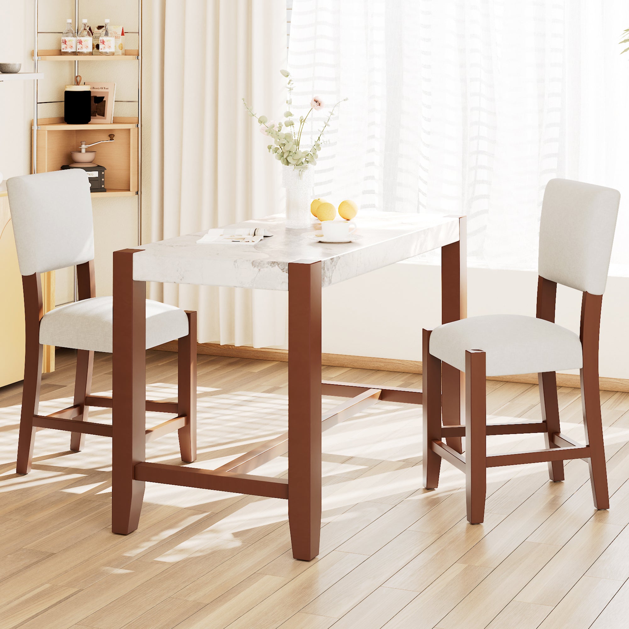 3-Piece Counter Height Dining Table Set for 2, Faux Marble Bar Table and 2 Upholstered-Seat Chairs, Mid-century Modern Dining Set for Dining Room, Pub Kitchen, Small Place