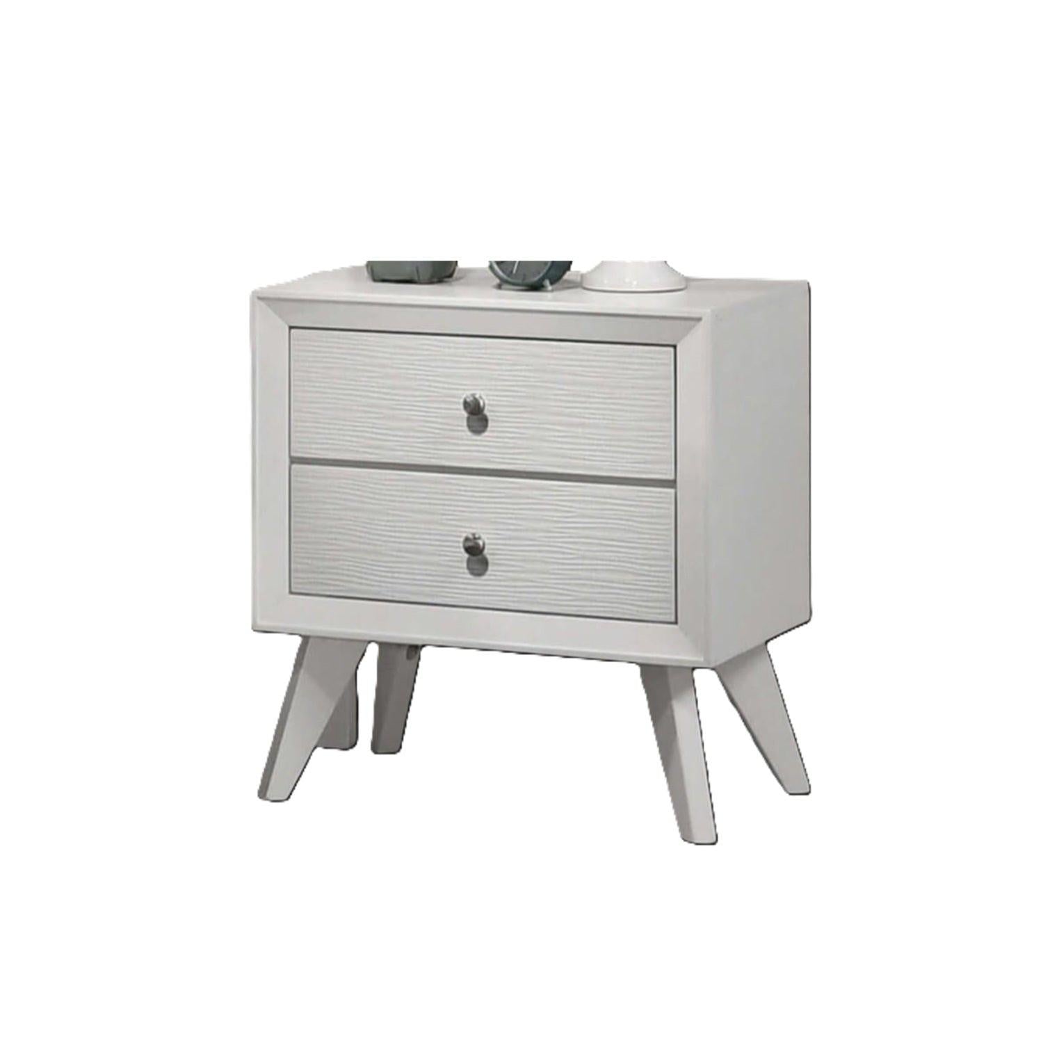 Modern White Nightstand with Angled Legs and 2 Drawers.