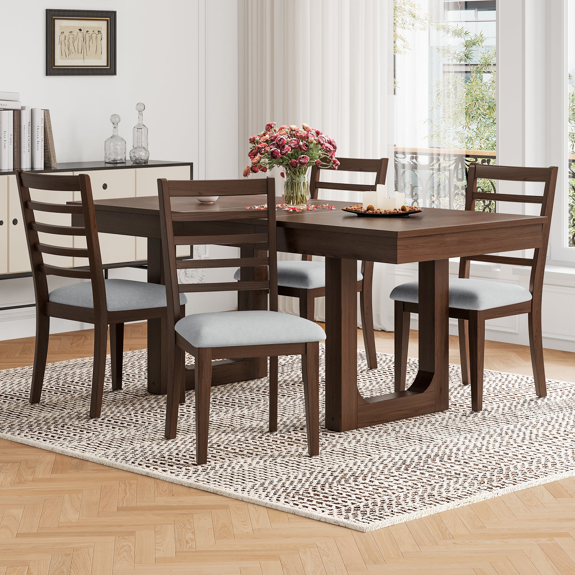 4-Piece Farmhouse Upholstered Dining Chairs in Walnut & Beige