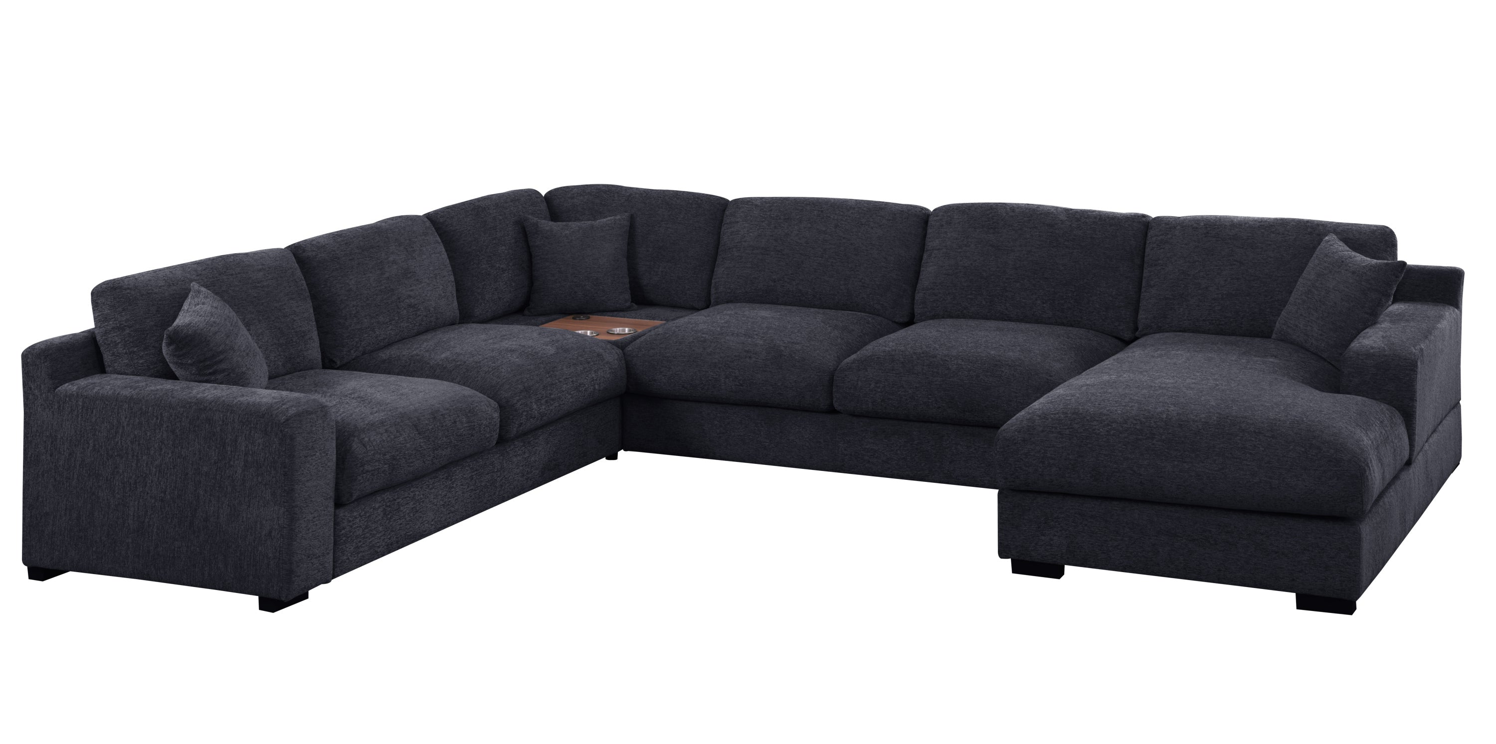 Celine charcoal corner sectional sofa with chaise, cupholders, and USB charging ports, shown in a studio setting for product detail.