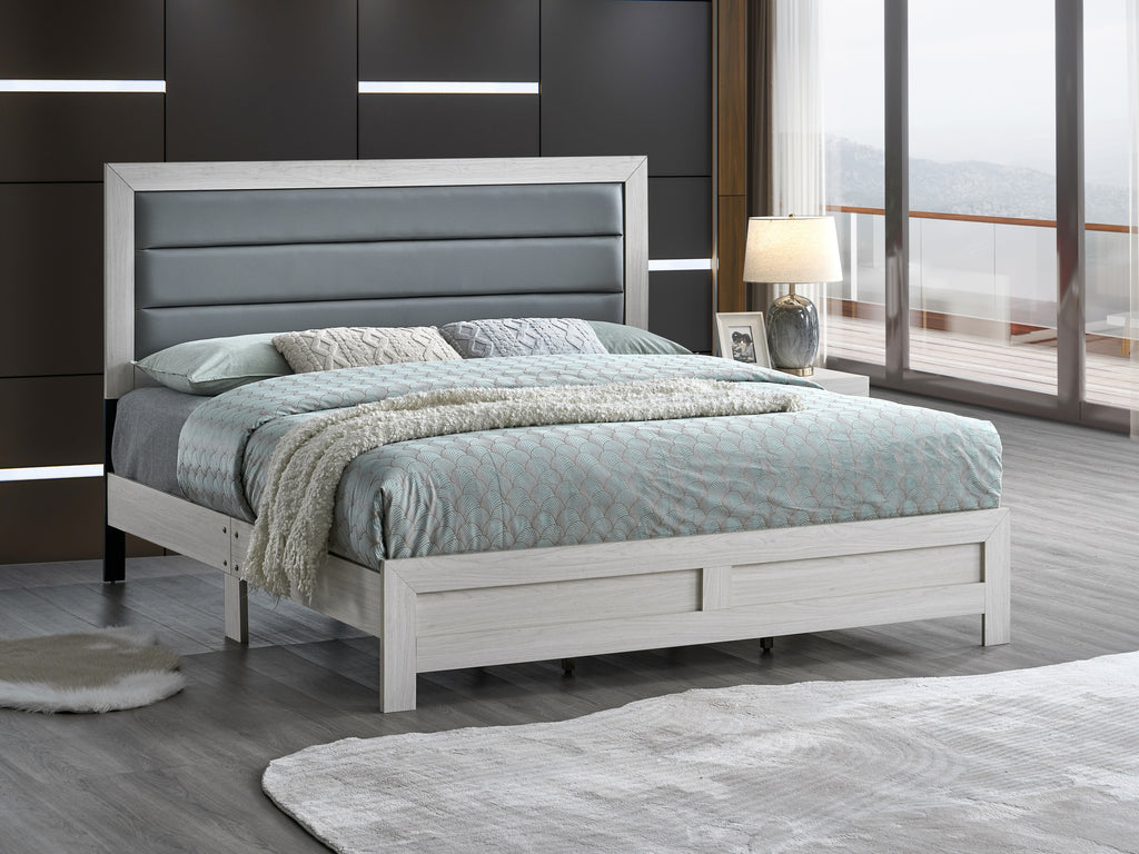Plano Queen Bed with Padded Faux Leather Headboard in Beige