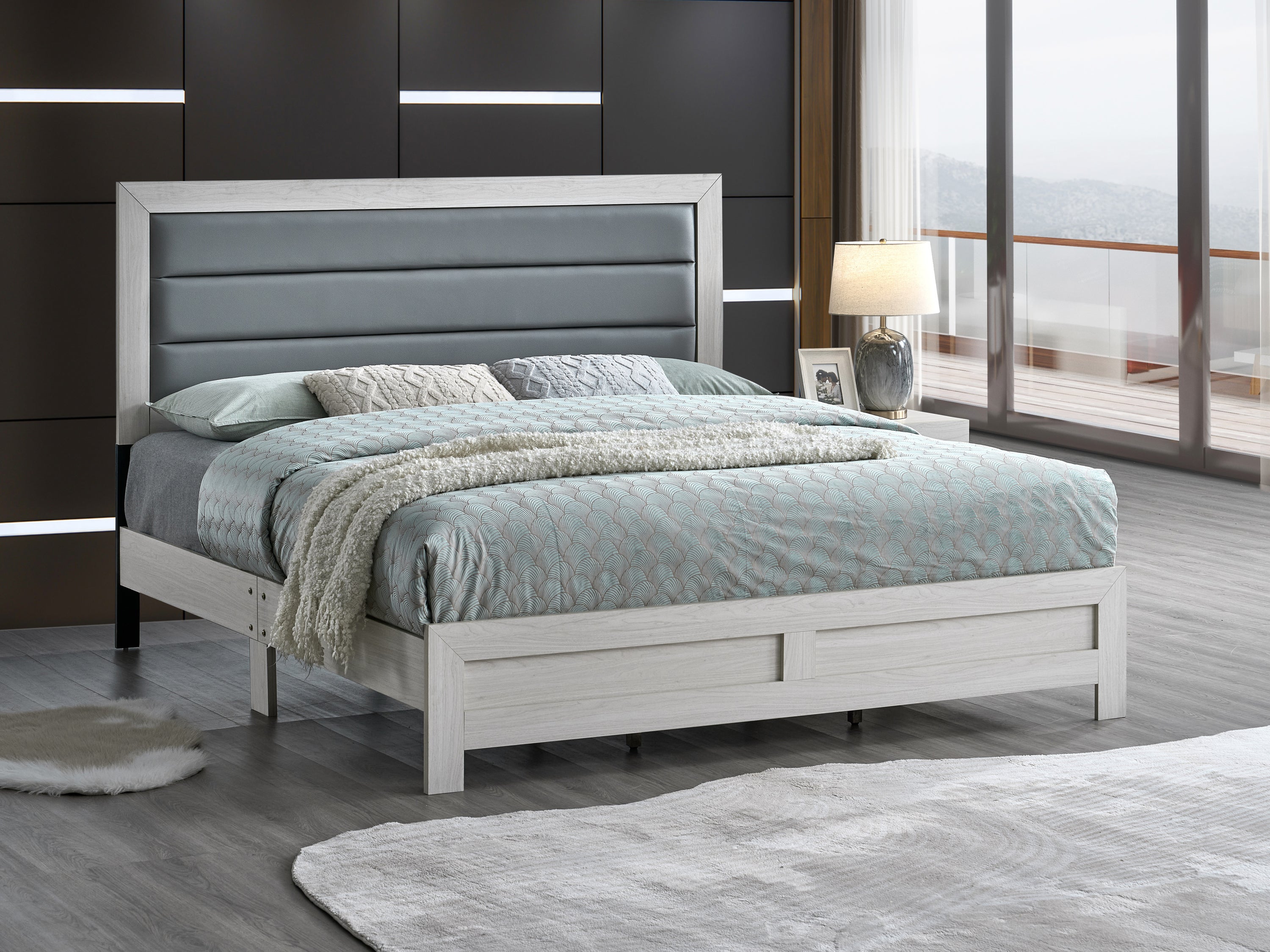Plano Queen Bed with Padded Faux Leather Headboard in Beige