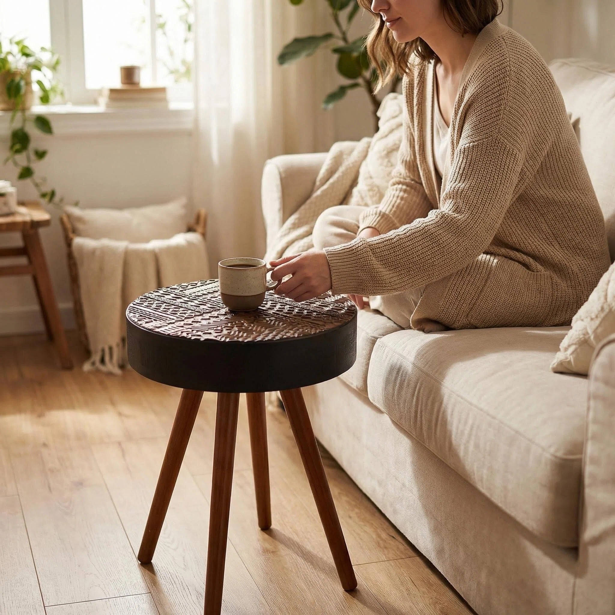 Small round accent table with a black and brown carved wood top and tapered wooden legs next to a beige sofa.