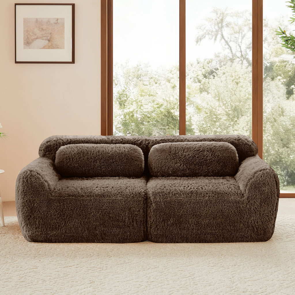 Front view of plush fabric 2-seater modular sectional sofa with ergonomic backrest and anti-slip base for stability.