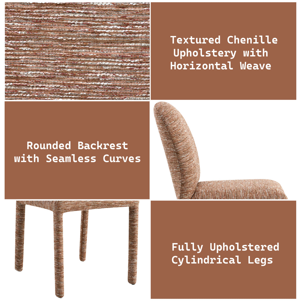 Design features of Chenille Side Chairs include textured upholstery, rounded backrest, and fully upholstered cylindrical legs for comfort and style.