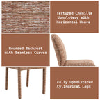 Design features of Chenille Side Chairs include textured upholstery, rounded backrest, and fully upholstered cylindrical legs for comfort and style.
