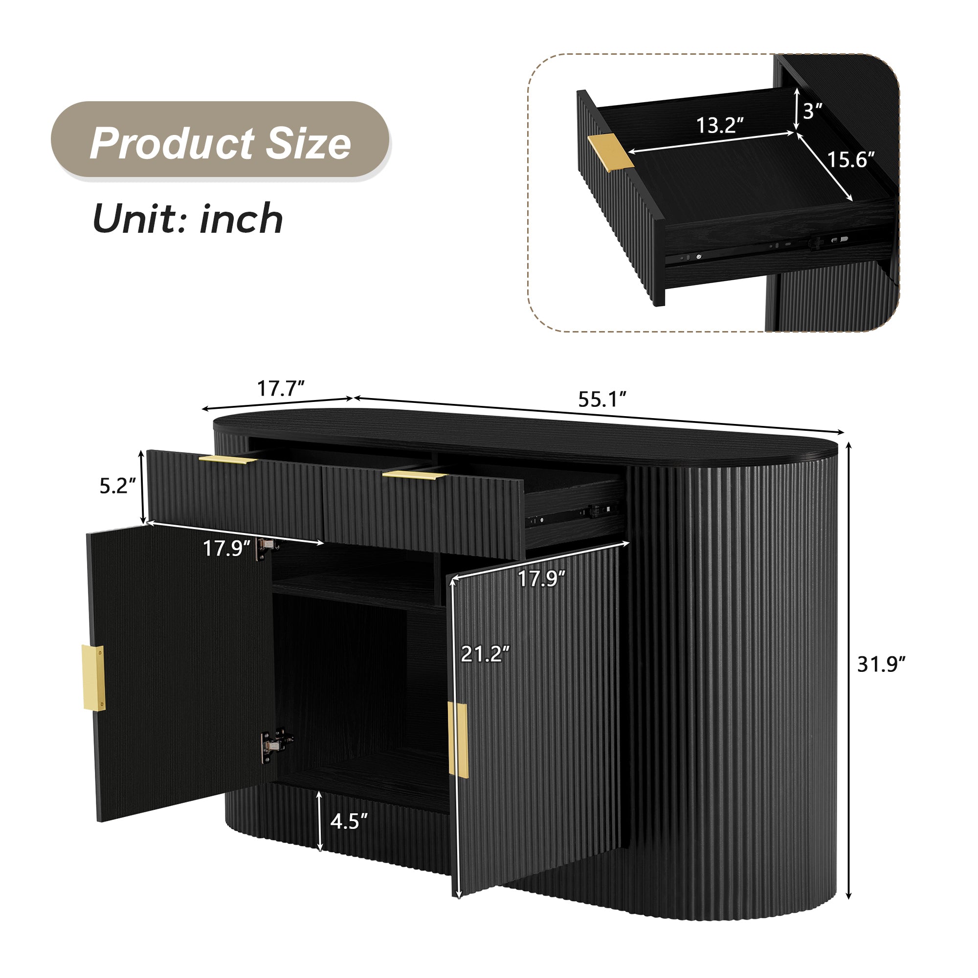 U_STYLE Storage Cabinet - Modern Design & Ample Space with detailed product dimensions in inches, highlighting drawer and cabinet measurements.