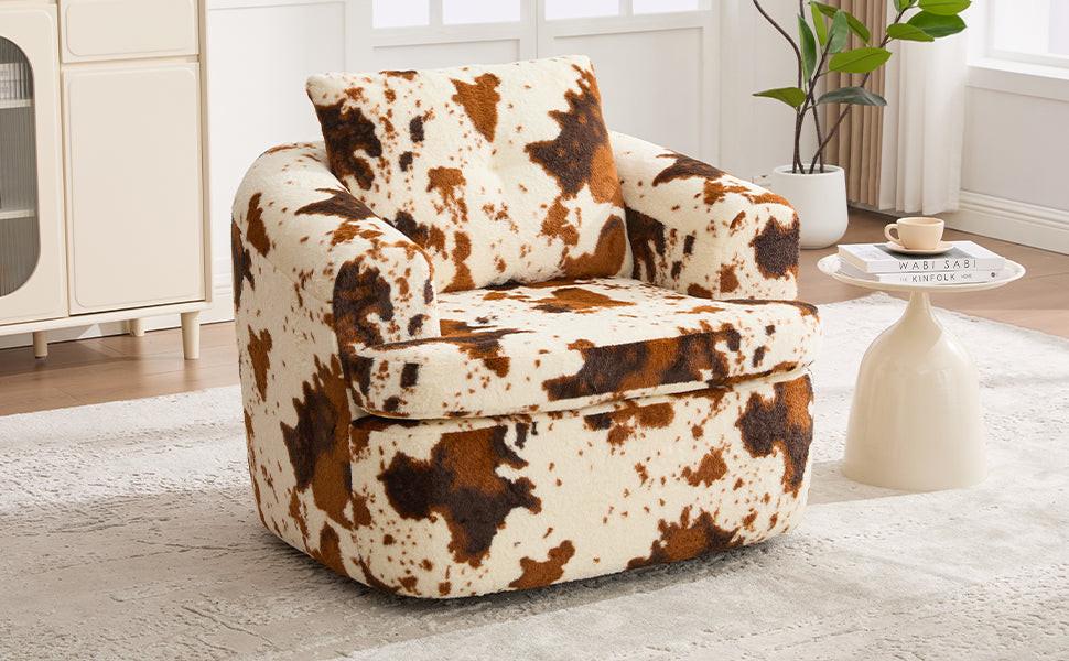 Modern 360° Swivel Accent Barrel Chair with Dual-Layer Cushion in Beige & Brown Faux Fur, 36.6' Round Seating for Living Room, Bedroom, Office, or Hotel