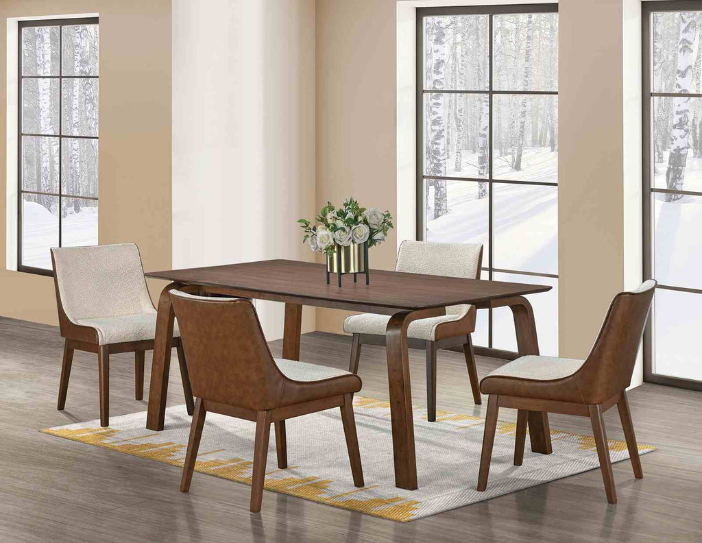 Dining room scene with four Mid-Century Modern Side Chairs around walnut table, showcasing padded seats and stylish wood finish.