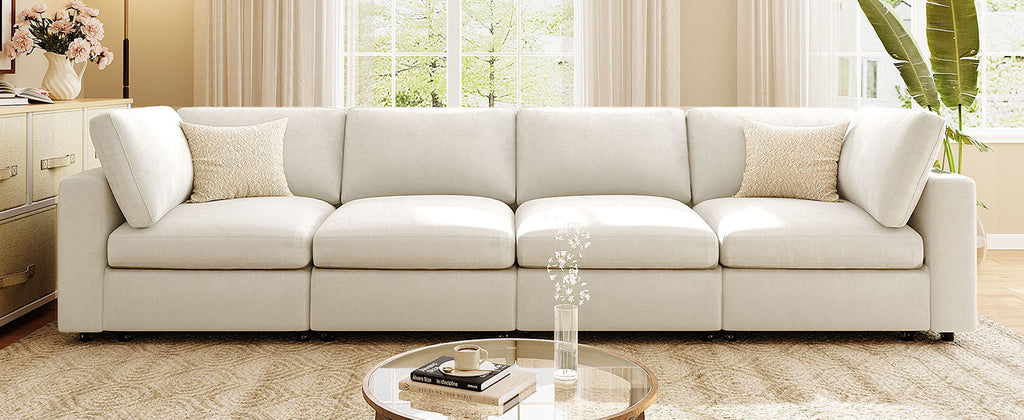 Modular Sofa with Charging - Storage | Chenille, 4 Seats in bright room setup, offering spacious seating and elegant chenille texture.