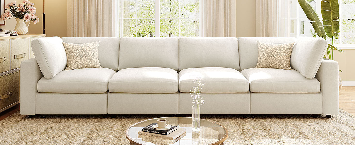 Modular Sofa with Charging - Storage | Chenille, 4 Seats in bright room setup, offering spacious seating and elegant chenille texture.