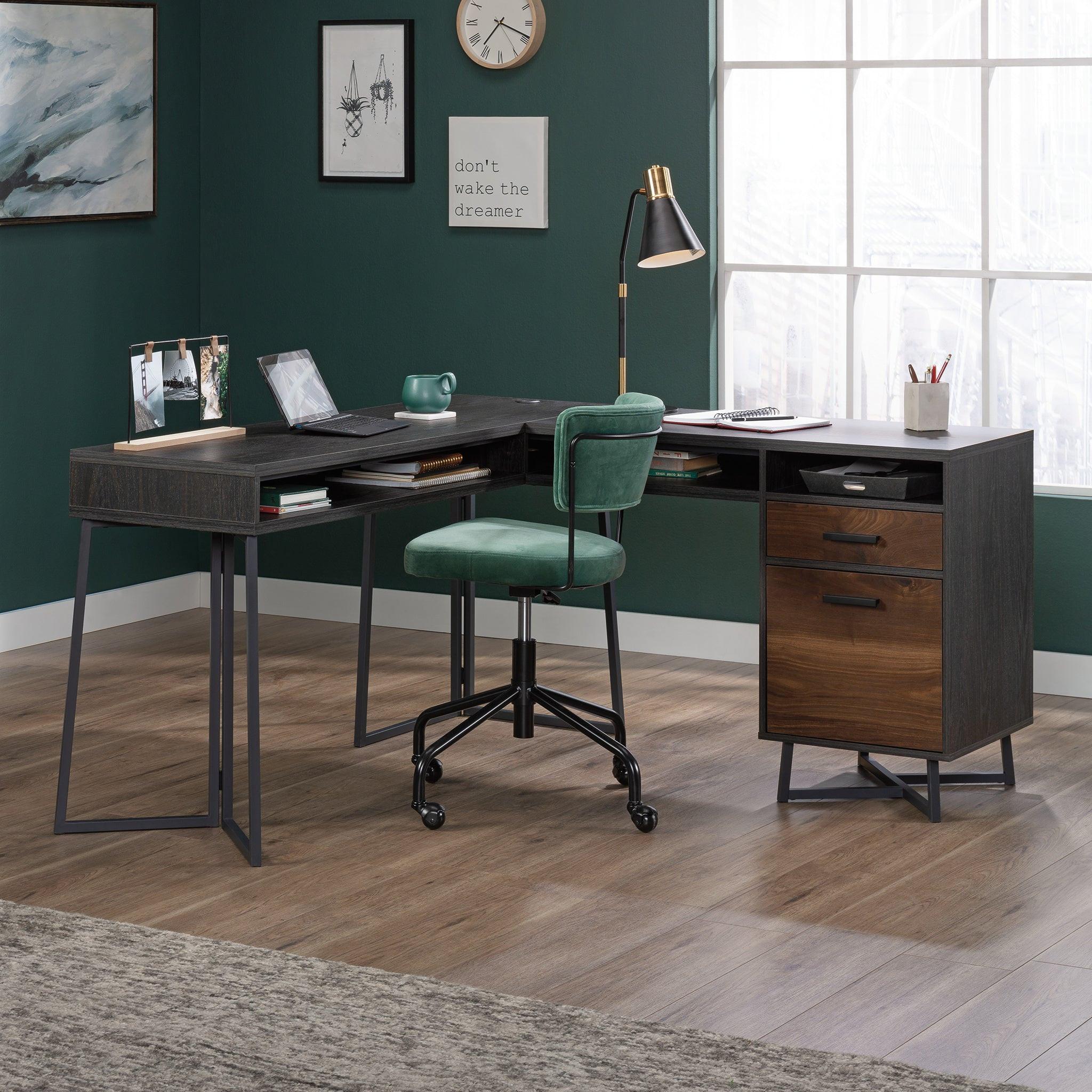 L-Shaped Desk with 2 Drawers and Cubbyholes.