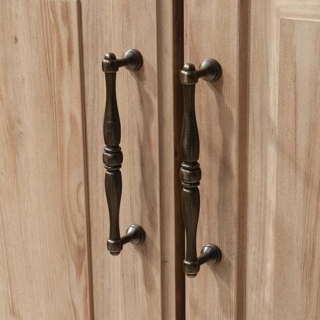 Decorative metal handles on Craft Cart with Storage for Home add a stylish touch to the functional storage cabinet.