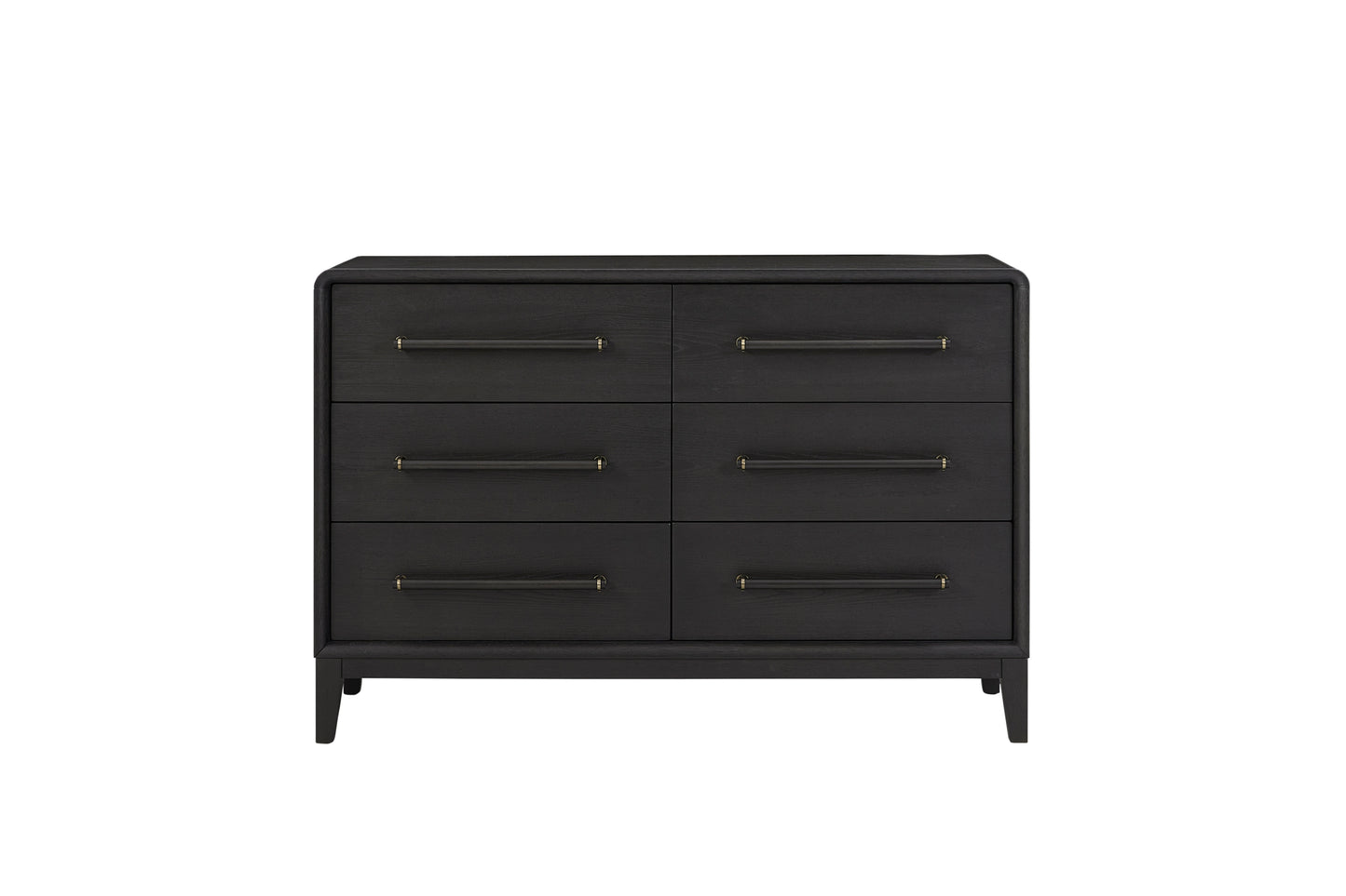 Small black dresser with 6 drawers in solid wood and Peppercorn finish, ideal for bedroom storage and modern furniture styling.