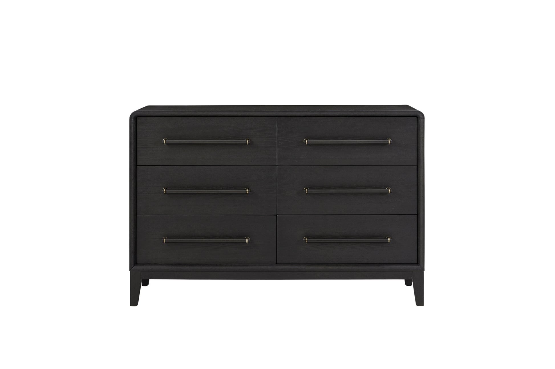 Small black dresser with 6 drawers in solid wood and Peppercorn finish, ideal for bedroom storage and modern furniture styling.