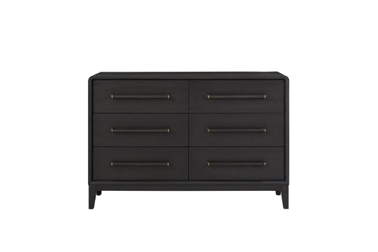 Small black dresser with 6 drawers in solid wood and Peppercorn finish, ideal for bedroom storage and modern furniture styling.