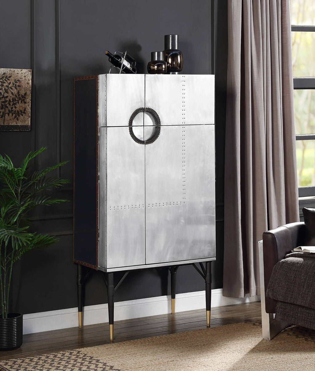 Yoela 65-Inch Silver Aluminum & Leather Wine Cabinet with 4 Doors