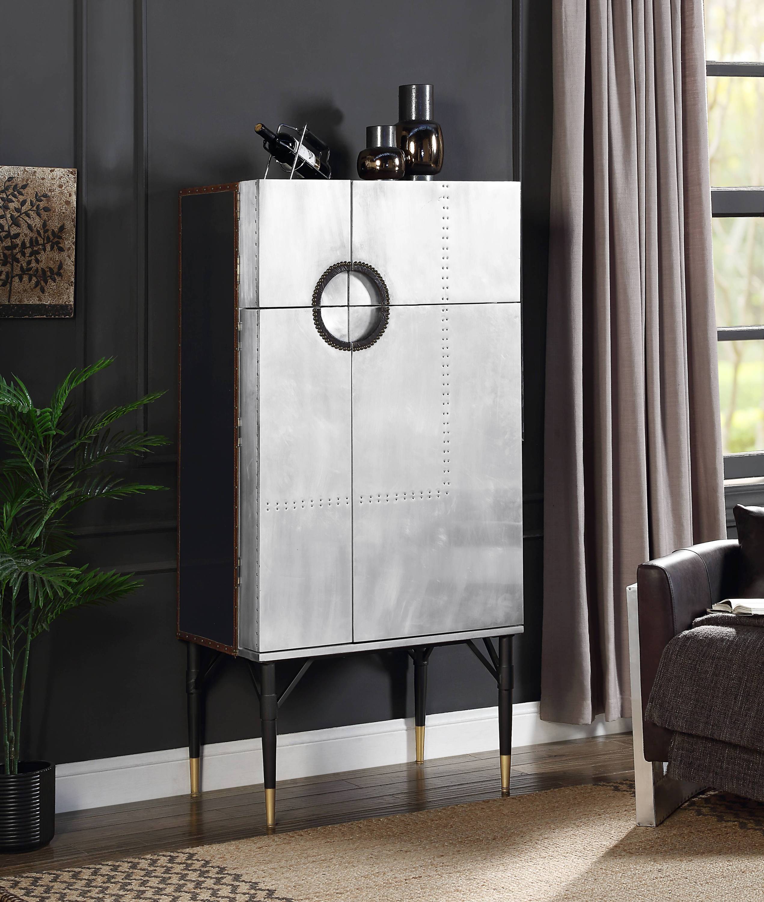 Yoela 65-Inch Silver Aluminum & Leather Wine Cabinet with 4 Doors