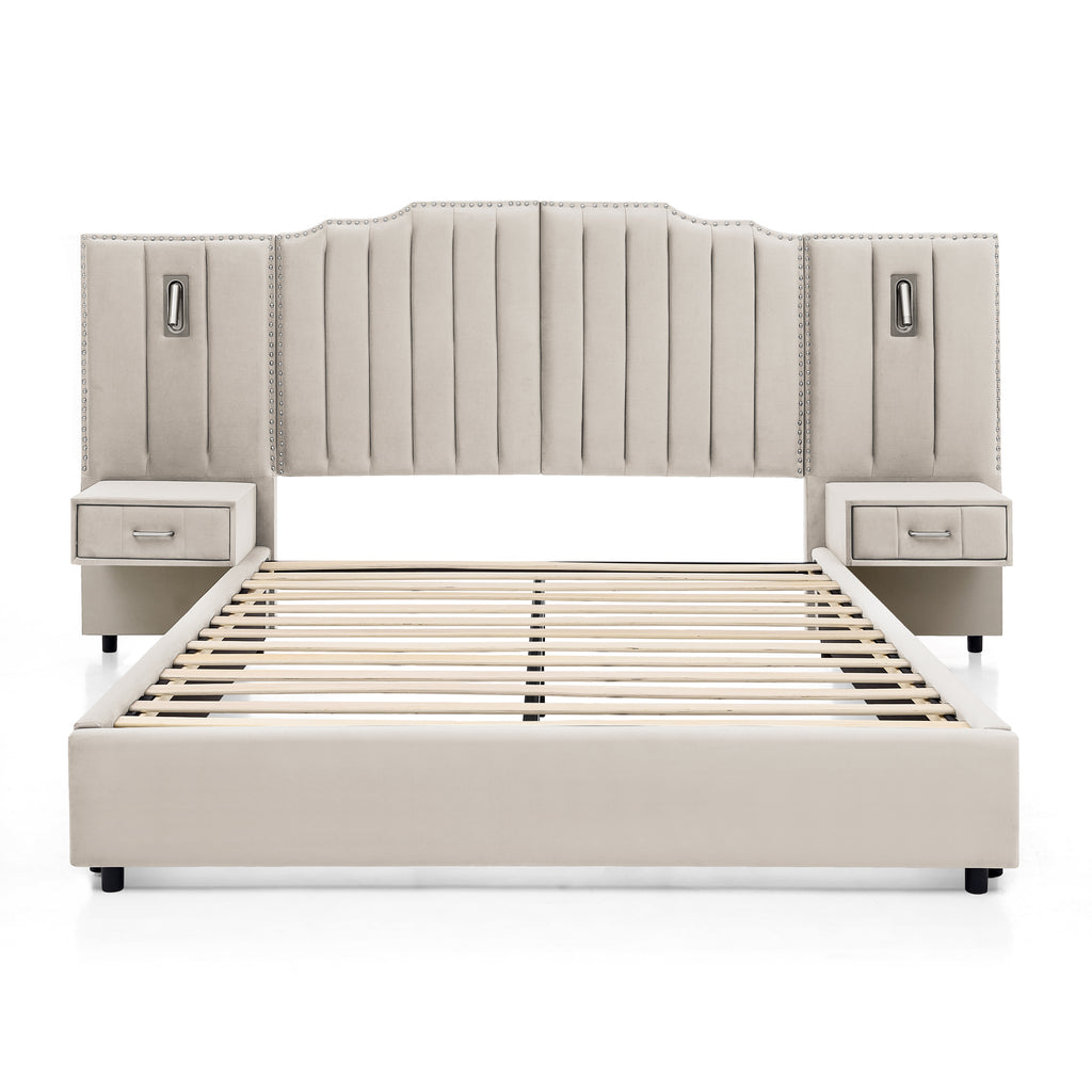 Front-facing view of queen upholstered bed frame with velvet headboard, slatted base, and integrated bedside tables with lighting.