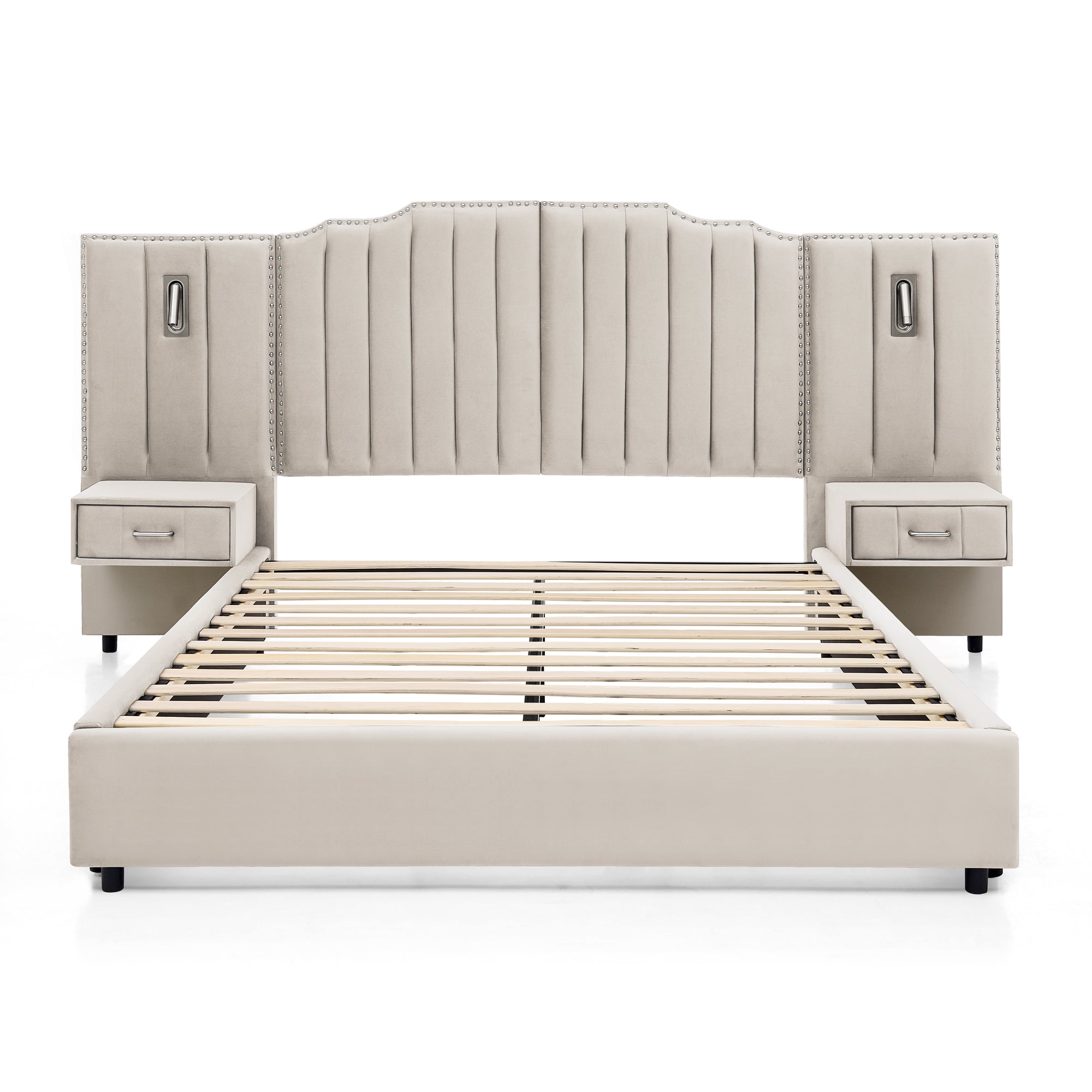 Front-facing view of queen upholstered bed frame with velvet headboard, slatted base, and integrated bedside tables with lighting.