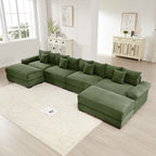 Oversized Green Corduroy U-Shape Sectional Sofa with Ottoman