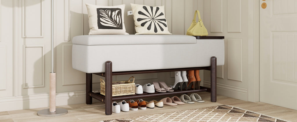 TREXM Farmhouse Upholstered Storage Bench with Hidden Compartment, Modern Entryway Bench for Living Room, Entryway, and Hallways (Espresso)